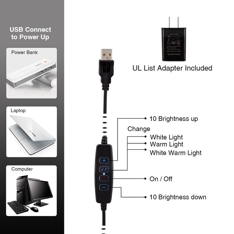 CeSunlight Clamp on Lamp, Clip Light, Desk Lamps 3 Color Temperature Setting, 10 Brightness Levels, 2m USB Cord Power Supply and AC Adapter Included, Pack of 2 (Black) - Image 5
